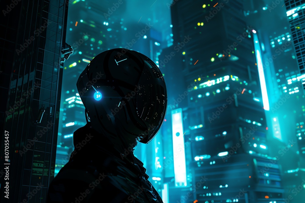 Poster capture the futuristic fusion of urban exploration and ai breakthroughs show a robotic figure agains