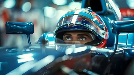 Rolgordijnen zonder boren F1 driver in helmet and suit ready for race in car. Concept Formula 1, Racing, Driver, Helmet, Suited © Anastasiia