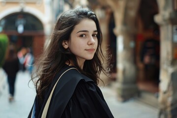 A young woman in a black graduation gown walks through a historic city street, turning to smile at the camera, exuding confidence and poise.
