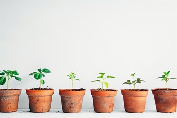 terracotta pots displaying the growth stages of young plants against a clean, white background