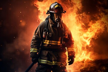 A firefighter in full gear holding a hose, with flames visible in the background, symbolizing bravery and protection in emergency services