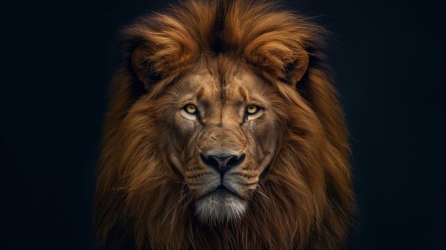 A close up view of a lions face against a black backdrop