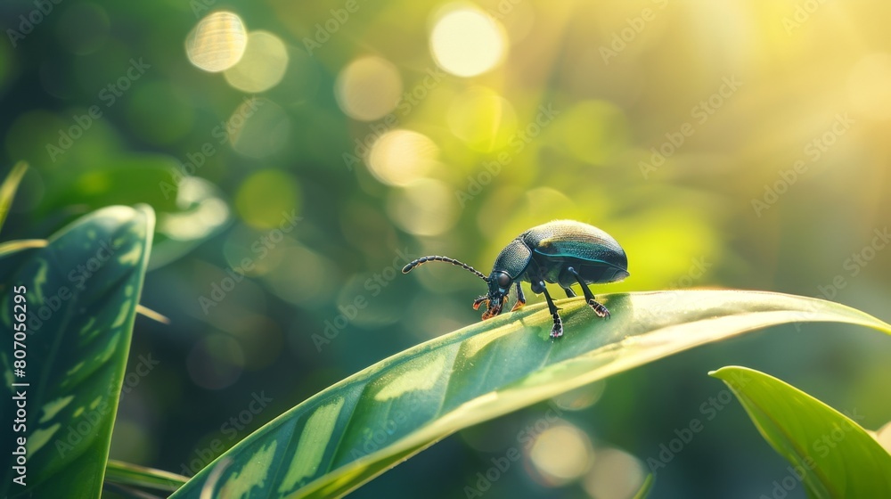 Poster A beetle perched on the edge of a leaf, its iridescent shell shimmering in the sunlight against the backdrop of verdant greenery.