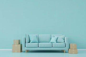 moving boxes standing on blue sofa