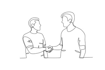 Single continuous line drawing of young two friends shaking hands. Business agreement celebration concept continuous line graphic draw design vector illustration
