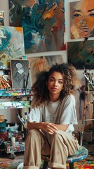 Portrait of an African American young woman painter in her art studio