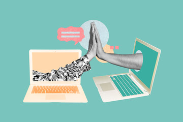 Composite photo collage of hands peek macbook device screen partnership give high five gesture cooperation isolated on painted background