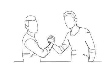 Single continuous line drawing of young two friends shaking hands. Business agreement celebration concept continuous line graphic draw design vector illustration
