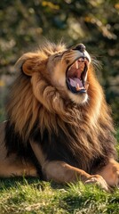 A lion sits in the grass, yawning