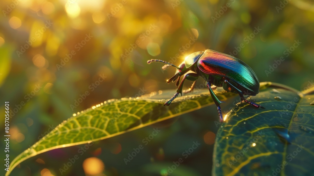 Poster A beetle perched on the edge of a leaf, its iridescent shell shimmering in the sunlight against the backdrop of verdant greenery.