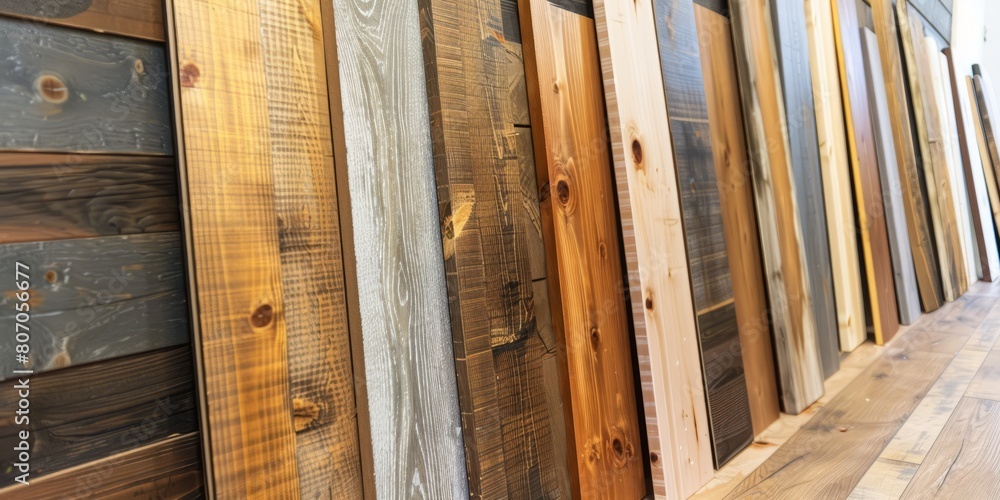 Poster a display of multiple types of wood planks arranged in a row along a wall. the planks showcase vario