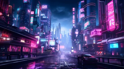 Night city panorama with high-rise buildings and neon lights. 3d rendering