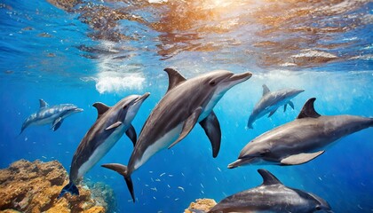 Naklejka premium 青い海でイルカが泳ぐ