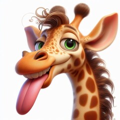 a photorealistic whimsical cartoon Giraffe with a mischievous grin. The Giraffe has green eyes and long fur