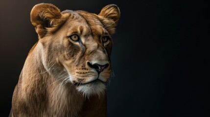 Fototapeta premium Detailed view of a lion in close proximity against a dark backdrop