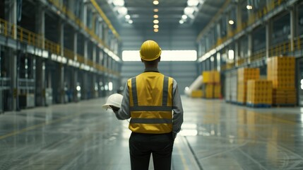 An Industrial Manager, Clad In A Yellow Vest And Holding A Hard Hat, Stands In A Vast Workspace, Background HD For Designer        