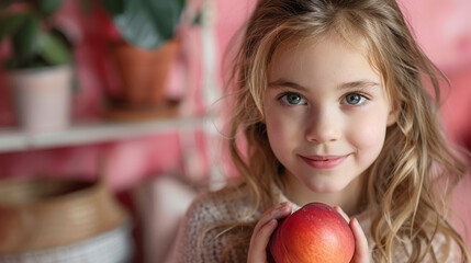 Fototapeta na wymiar cute girl holding a single ripe nectarine on pink background.