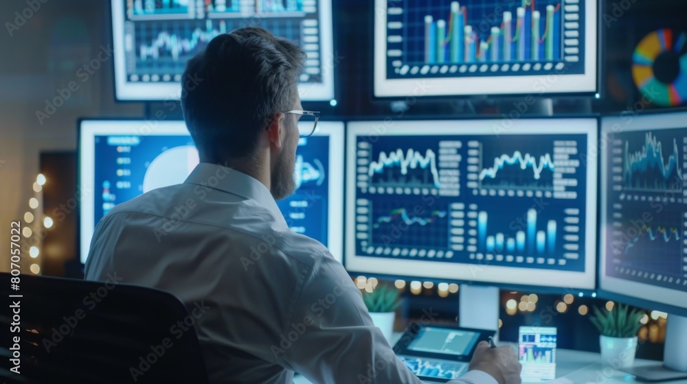 Aufkleber A businessman analyzing financial data on multiple computer screens, showcasing multitasking and analytical skills in modern business environments.