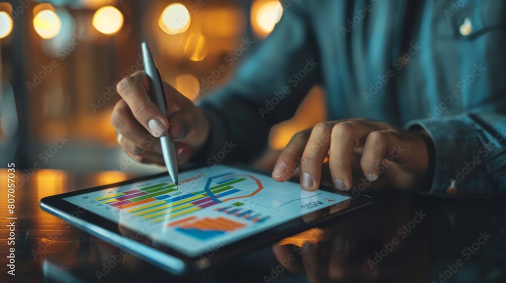 Aufkleber a businessman analyzing a colorful line graph on a digital tablet in a modern office setting, symbol