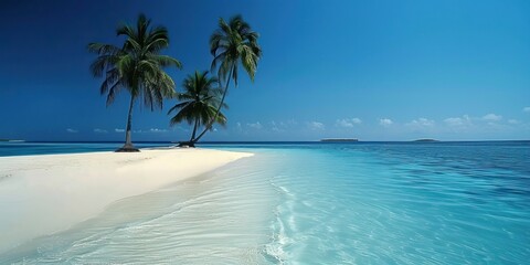 Fototapeta premium White sand with palm trees and emerald sea. A heavenly place to relax. Luxurious tropical landscape. Beautiful exotic summer beach background for design.
