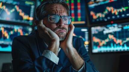Focused image of a tense stock trader deeply concerned, with multiple monitors displaying dynamic stock charts and figures in the background