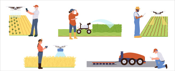 Smart agriculture isolated set with happy farmers working on field using modern digital technology