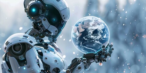 A futuristic robot holding the Earth symbolises thinking about environmental impact in today's digital age