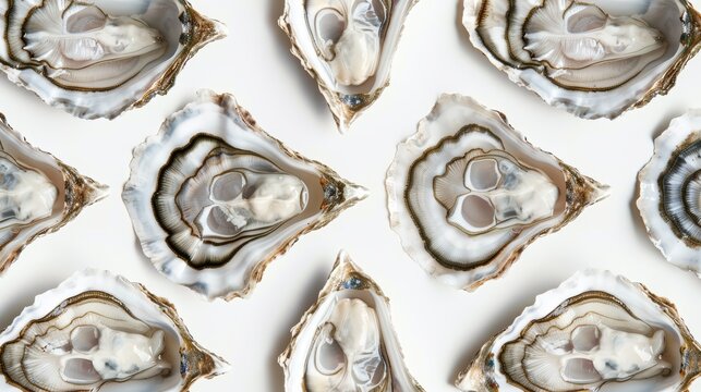 Harmonious top view portrait of oysters organized in a symmetrical pattern, their natural colors contrasting beautifully against a bright white background