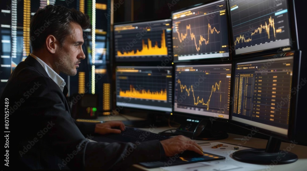 Fototapete A businessman analyzing gold market data on a desktop computer with multiple monitors displaying charts and graphs, symbolizing investment expertise.