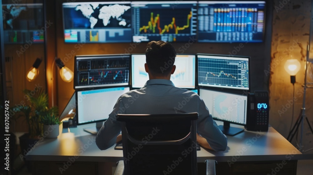 Aufkleber A businessman analyzing financial data on multiple computer screens, showcasing multitasking and analytical skills in modern business environments.