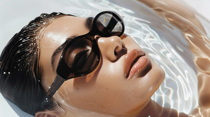 Naklejka premium Portrait of a model laying in water wearing dark sleek sunglasses. Beautiful woman in fashion editorial style 