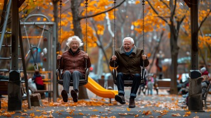 Laughing senior couple swinging on playground swings in a park during autumn