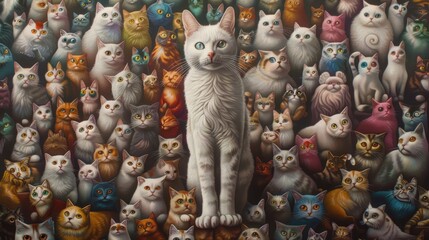 Engaging portrait of a white cat standing proud amidst a sea of diversity, showcasing the strength found in uniqueness and leadership