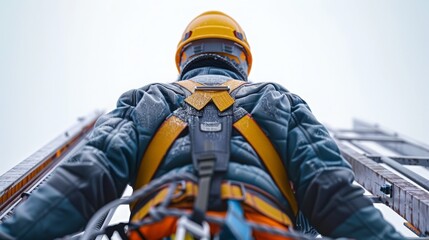 A man in a yellow helmet and orange safety harness is standing on a ladder