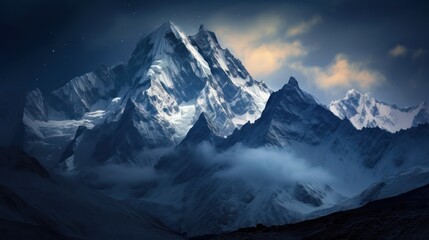 landscape depicting a majestic mountain range enveloped in a blanket of snow, 