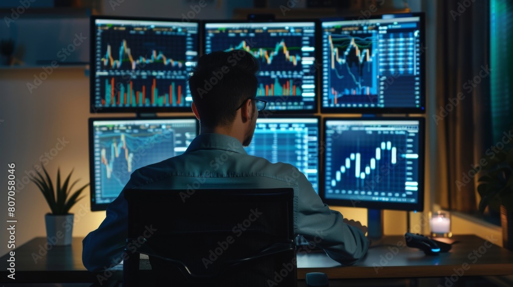 Aufkleber A businessman analyzing gold market data on a desktop computer with multiple monitors displaying charts and graphs, symbolizing investment expertise.