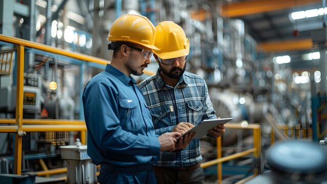 Two civil engineers in hard hats using digital tablet at factory. Concept Civil Engineering, Digital Technology, Factory Operations, Hard Hats, Collaboration