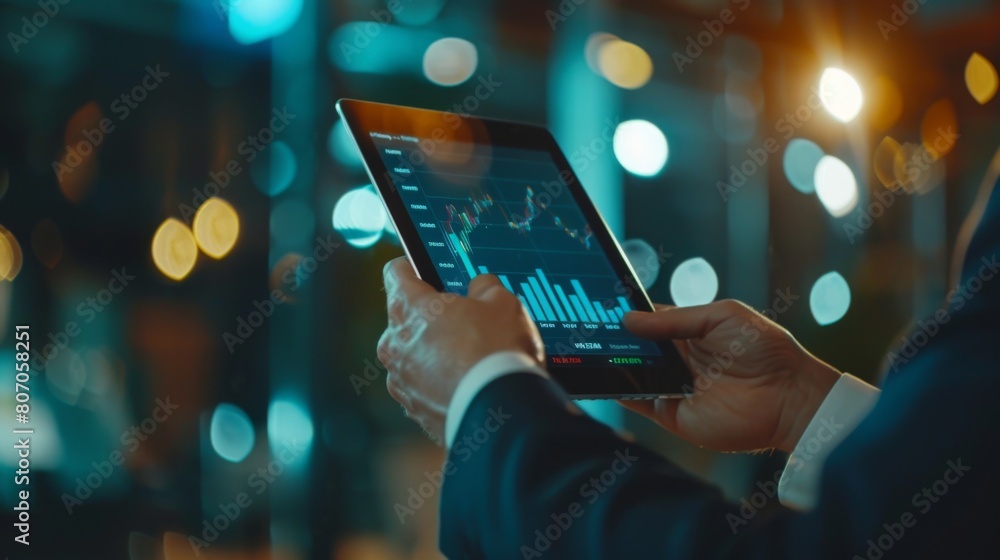 Aufkleber a businessman analyzing stock market graphs and charts on a digital tablet, symbolizing informed dec