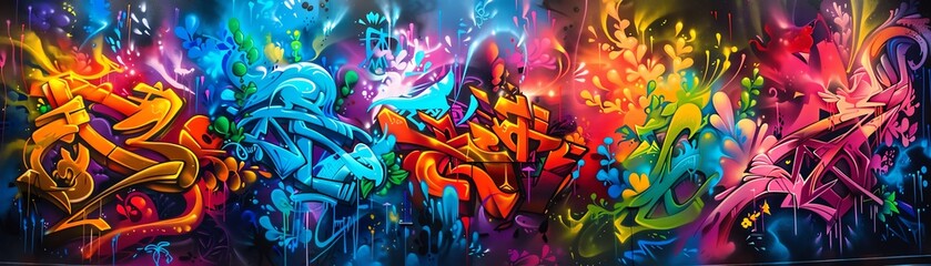 Illustrate the fusion of street art and science with a broad perspective on graffiti murals showcasing mathematical formulas Enhance the scene with neon accents to create a mesmerizing visual experien