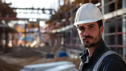 Portrait of a male builder wearing a white helmet with a construction site in the background. Concept Construction Worker Portraits, Hard Hat Photoshoot, Industrial Backdrop, Male Builder Portrait