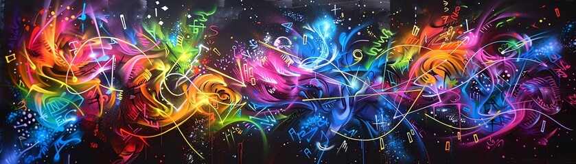 Illustrate the fusion of street art and science with a broad perspective on graffiti murals showcasing mathematical formulas Enhance the scene with neon accents to create a mesmerizing visual experien