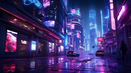 Futuristic night city panorama with skyscrapers, high-rise buildings and neon lights