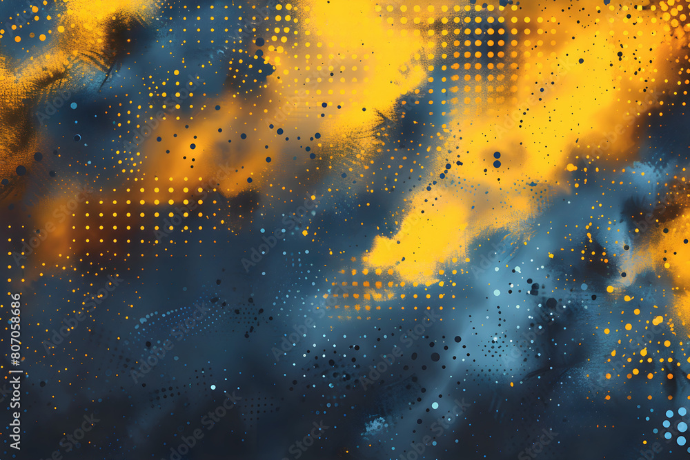 Poster abstract painting with a vibrant yellow and blue background and pattern of dots and spots with sense