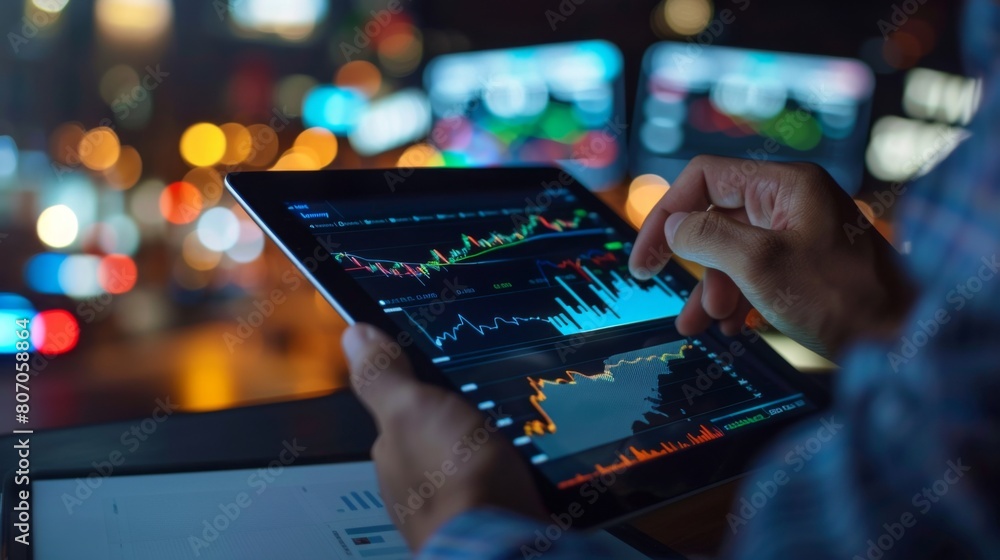 Aufkleber a businessman analyzing stock market graphs and charts on a digital tablet, symbolizing informed dec