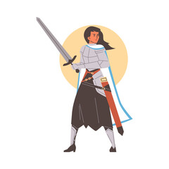 Armored beautiful woman medieval knight, cartoon warrior woman with sword vector on yellow circle, ancient knight