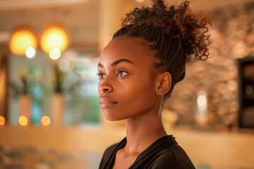 hotel employee african american woman in hotel reception, working diligently to meet guests' needs and requests at the concierge desk.
