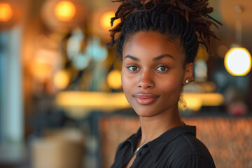 Fototapeta premium African American woman in hotel lobby, businesswoman networking at conference, arrival for corporate meeting, indoor journey.