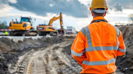Civil engineer conducting inspection at a highway construction site amidst heavy machinery and concrete road. Concept Highway Construction, Inspection Process, Heavy Machinery, Concrete Road