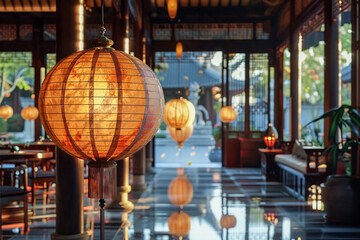 Obraz premium Hotel Asian interior, modern design concept, sleek architecture, comfortable seating arrangements.