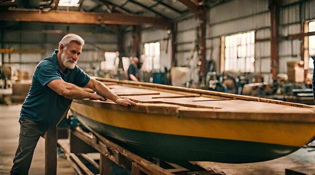 Bootsbauer am Arbeitsplatz schaut in die Kamera, im Hintergrund Boote